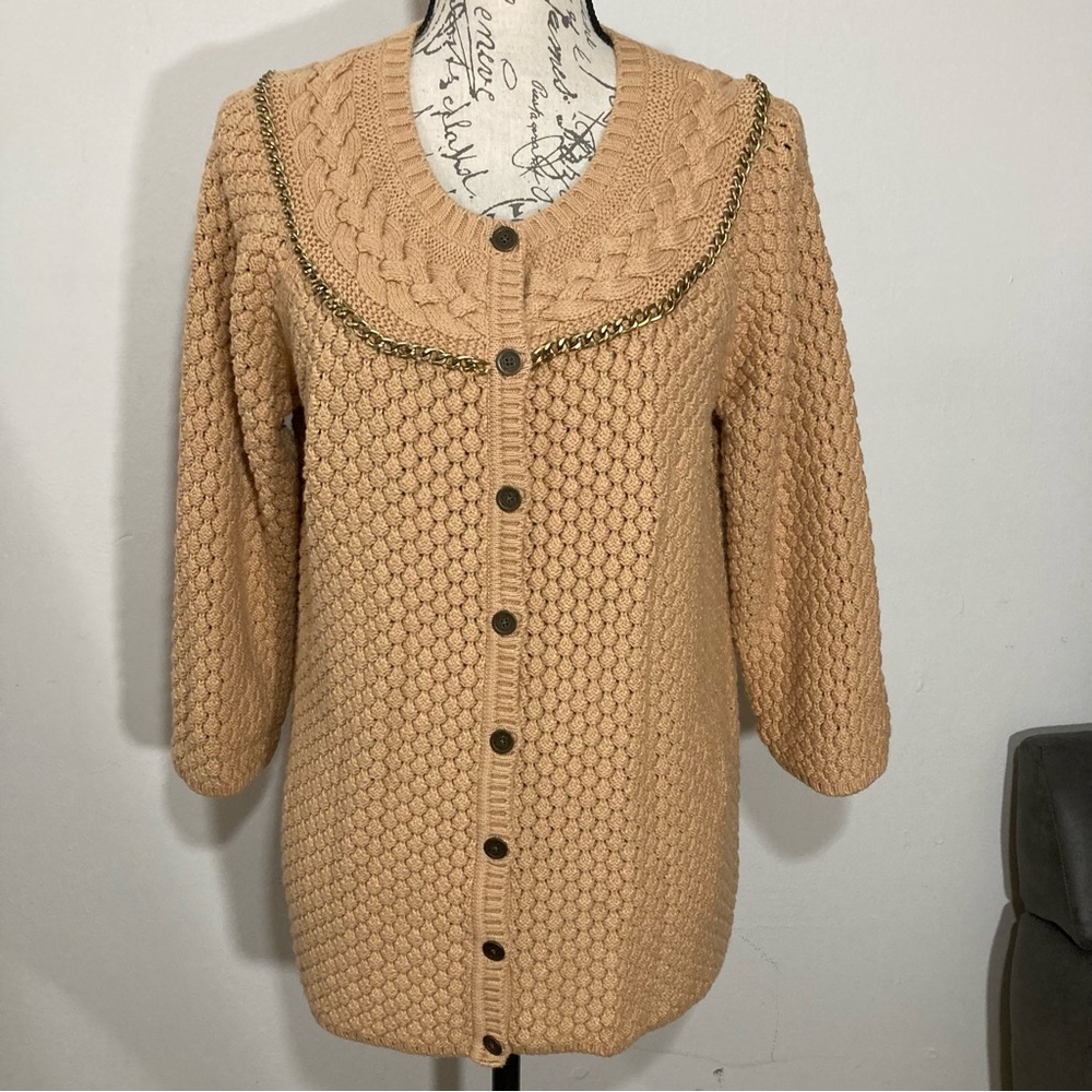 Liz Claiborne Chunky Textured Knit Camel Tan Cardigan Gold Hardware Chain Detail